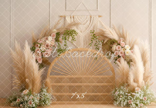 Kate Boho Headboard Rattan Flower Arch Pampas Grass Beige Printed Backdrop Designed by Emetselch
