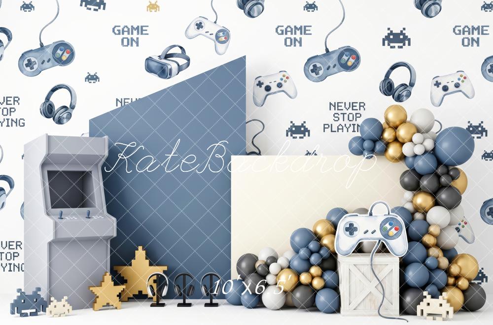Kate Cake Smash Gaming Level-Up Room Controller Balloon Garland Printed Backdrop Designed by Patty Roberts
