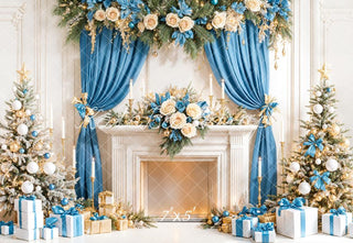 Cortinas Azules de Árbol de Navidad Chimenea Blanca Regalos Fondo Designed by Emetselch