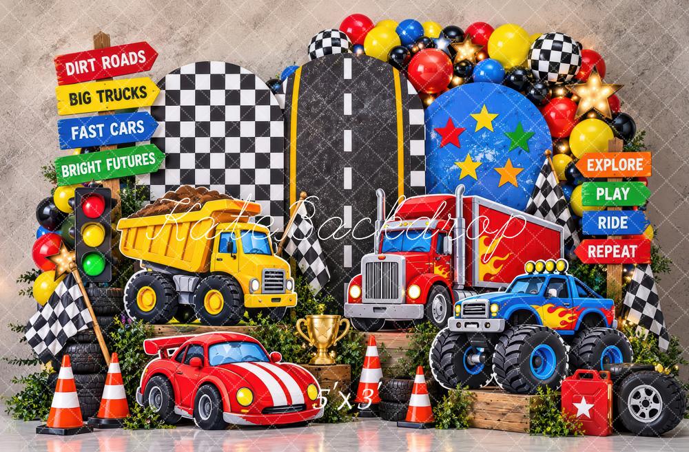 Kate Cake Smash All the Trucks Racing Cars Boys Printed Backdrop Designed by Laura Bybee
