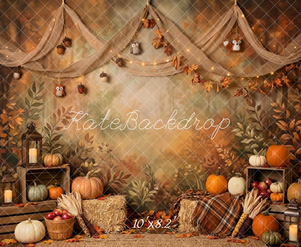 Kate Fall Woodland Harvest Pumpkins Hay Bales Owls Printed Backdrop Designed by Patty Roberts