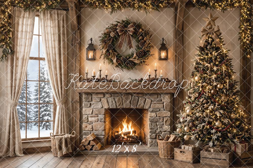 Kate Christmas Rustic Stone Fireplace Tree Window Printed Backdrop Designed by Emetselch