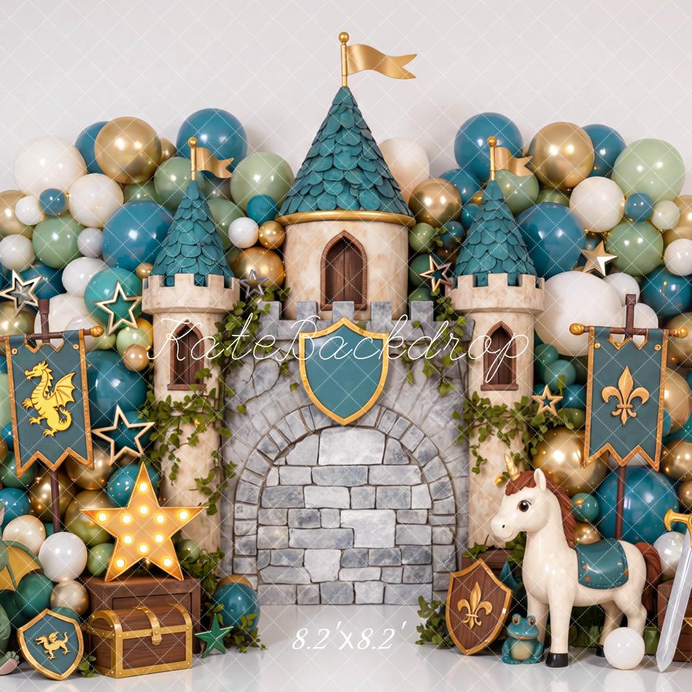 Kate Fairy Fantasy Castle Balloon Arch Dragon Unicorn Printed Backdrop Designed by Mini MakeBelieve