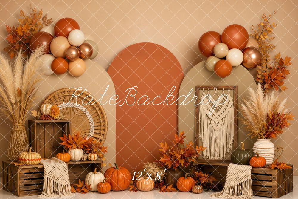 Kate Fall Boho Pumpkin Arch Balloons Crates Printed Backdrop Designed by Emetselch