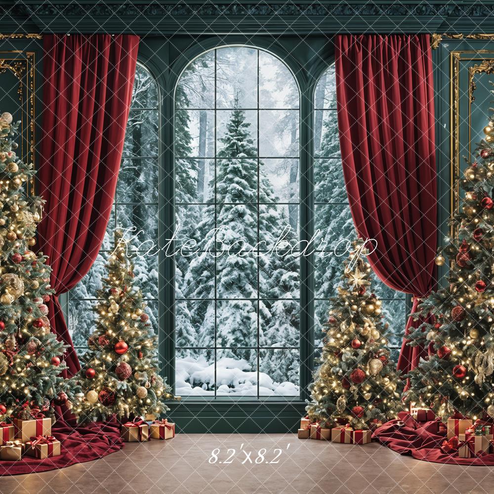 Kate Christmas Tree Red Curtains Snowy Window Gifts Backdrop Designed by Ashley Paul