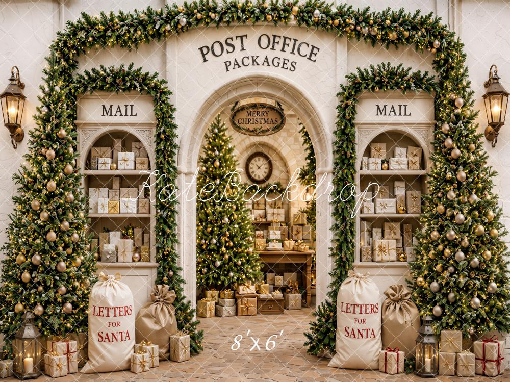 Kate Christmas Post Office Trees Gifts Mailboxes White Printed Backdrop Designed by Emetselch