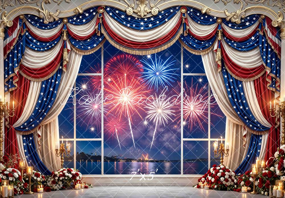 Kate Independence Day Window Fireworks Red White Blue Drapes Printed Backdrop Designed by Mini MakeBelieve