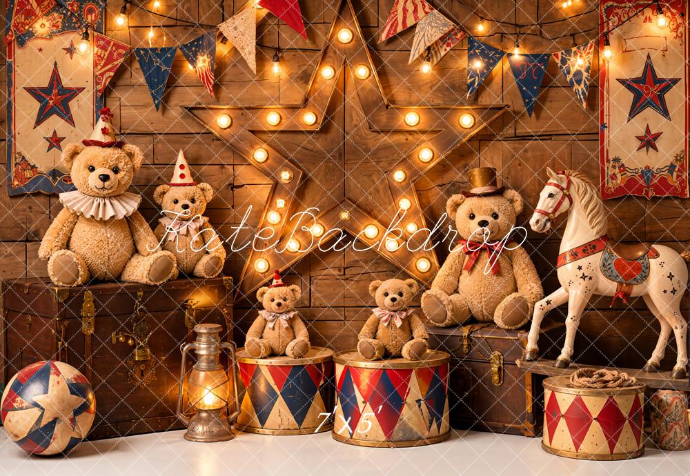 Kate Circus Teddy Bears Rocking Horse Carousel Wood Printed Backdrop Designed by Emetselch