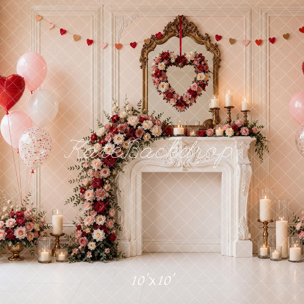 Kate Valentine's Day Pink Floral Fireplace Heart Balloons Printed Backdrop Designed by Shutter Swan Studios