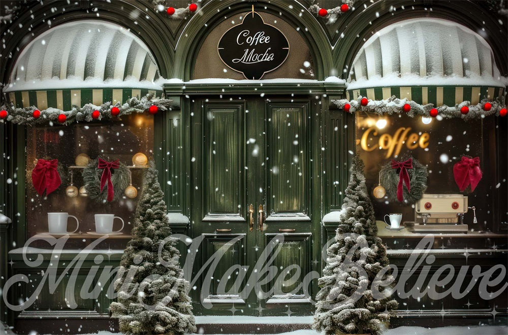 Kate Christmas Street Green Retro Coffee Store Backdrop Designed by Mini MakeBelieve