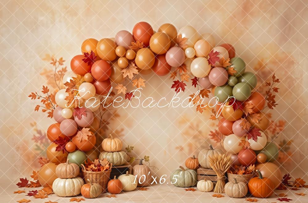 Kate Fall Birthday Pumpkin Balloon Arch With Leaves Printed Backdrop Designed by Patty Roberts