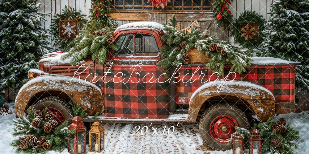 Kate Christmas Red Plaid Truck Cabin Snow Backdrop Designed by Emetselch