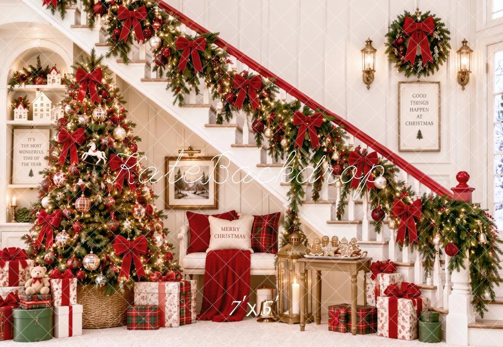 Kate Christmas Staircase Tree Garland Wreath Gifts Printed Backdrop Designed by Patty Roberts