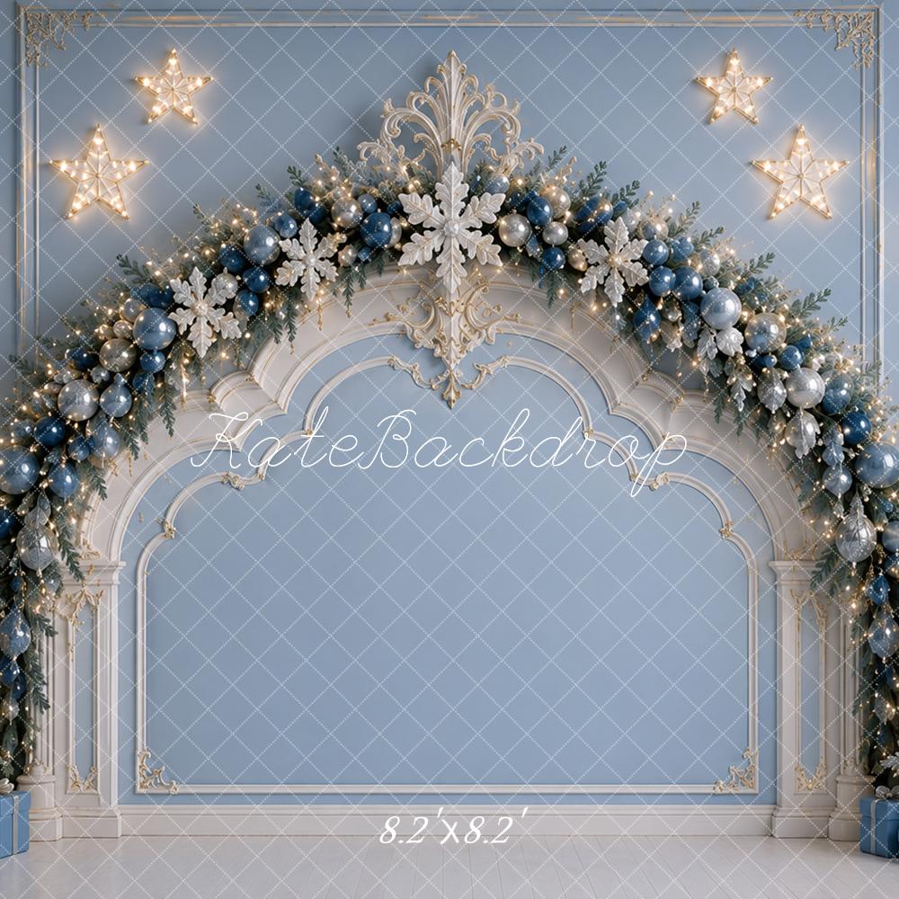 Kate Christmas Headboard Blue Arch Garland Trees Snowflakes Printed Backdrop Designed by Caitlin Lynch