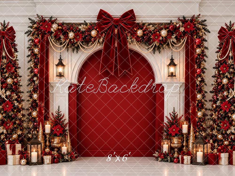 Kate Christmas Red Velvet Bow Arch Garland Trees Pearl Printed Backdrop Designed by Ashley Paul