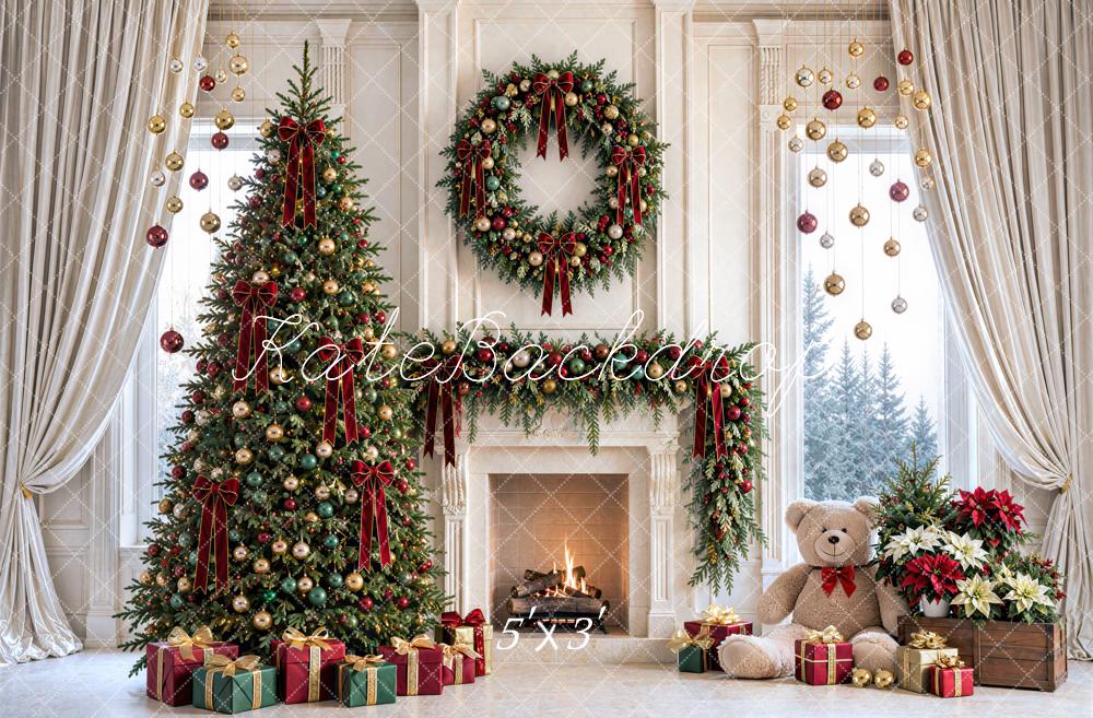 Kate Christmas Tree Wreath Fireplace Ornaments Printed Backdrop Designed by Mini MakeBelieve