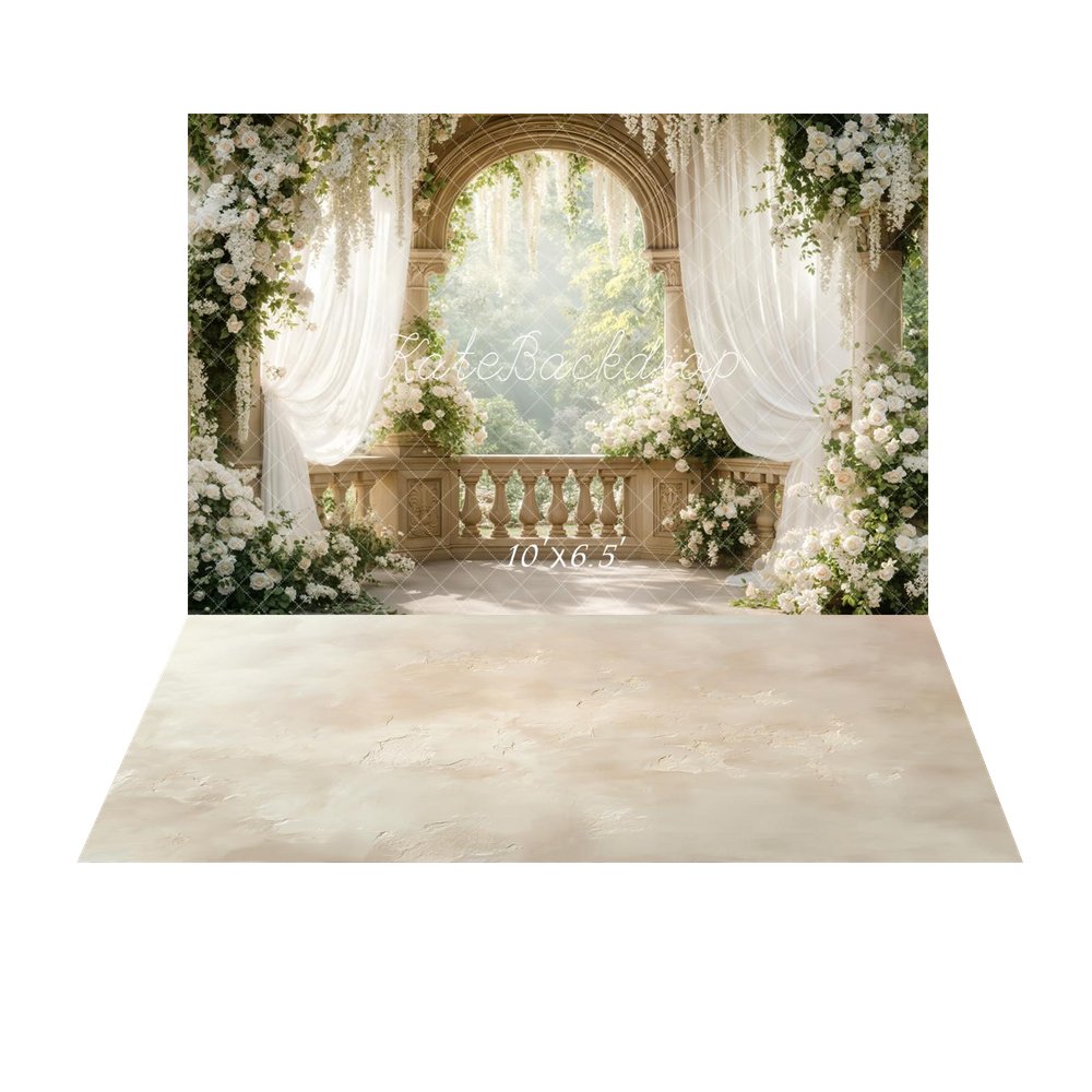 Kate Spring Flower Arch White Roses Draped Curtains Balcony Printed Backdrop+Beige Abstract Texture Printed Floor Backdrop