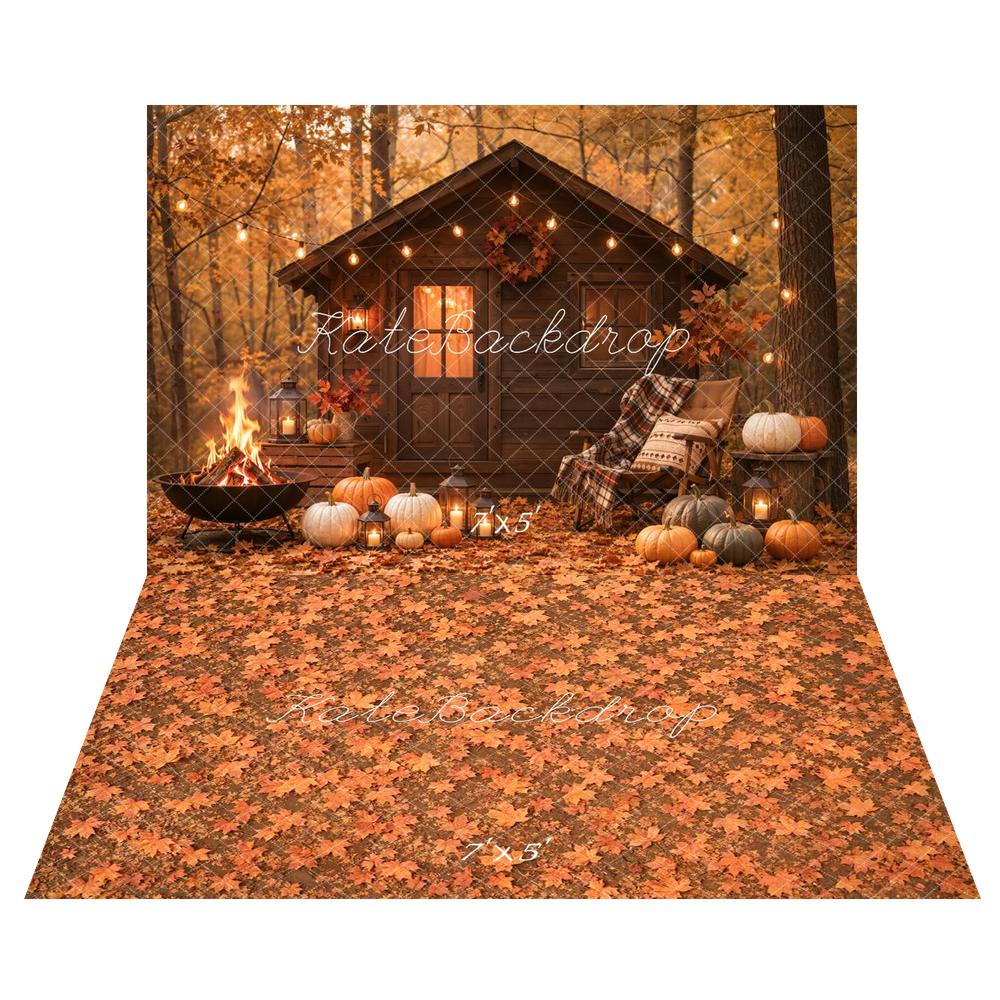 Kate Fall Pumpkin Cabin Fire Pit Lantern String Lights Printed Backdrop+Fall Orange Maple Leaves Floor Backdrop Printed Backdrop