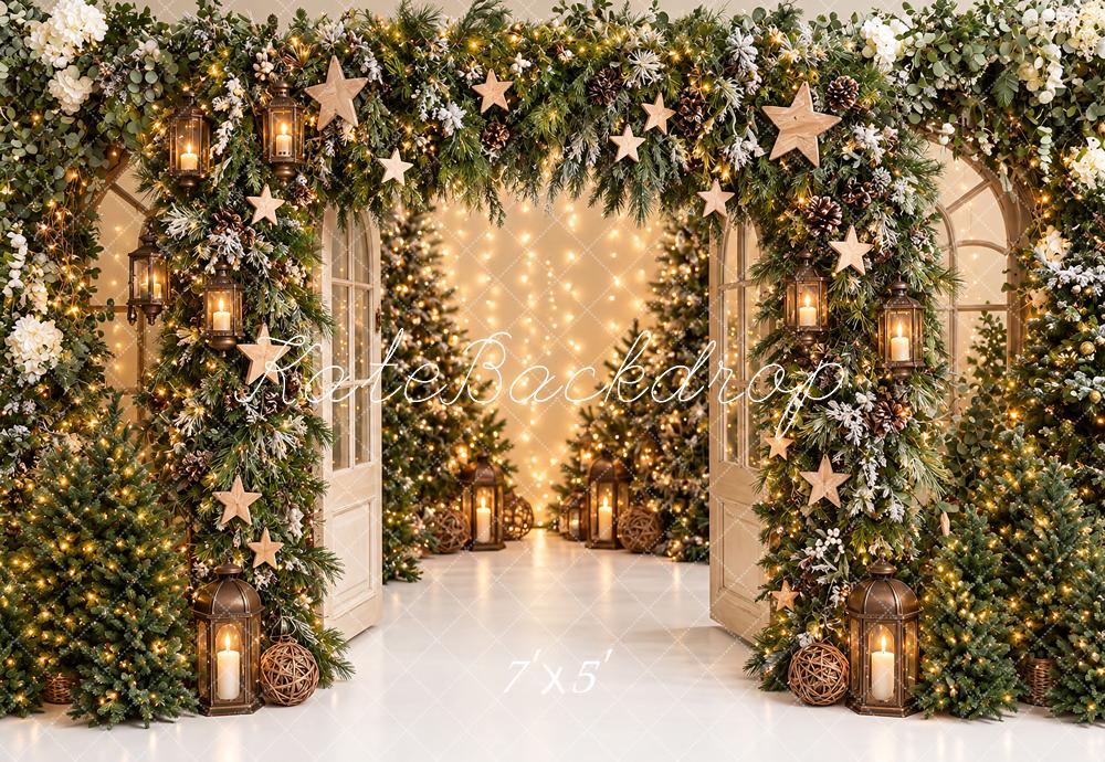 Kate Christmas Flower Arch Greenery Stars Lanterns Printed Backdrop Designed by Angela Miller