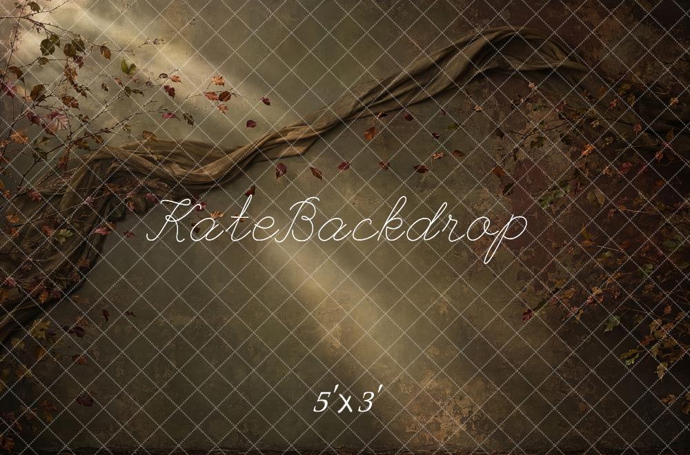 Kate Fall Branches Draped Fabric Light Rays Olive Green Printed Backdrop Designed by Shutter Swan Studios