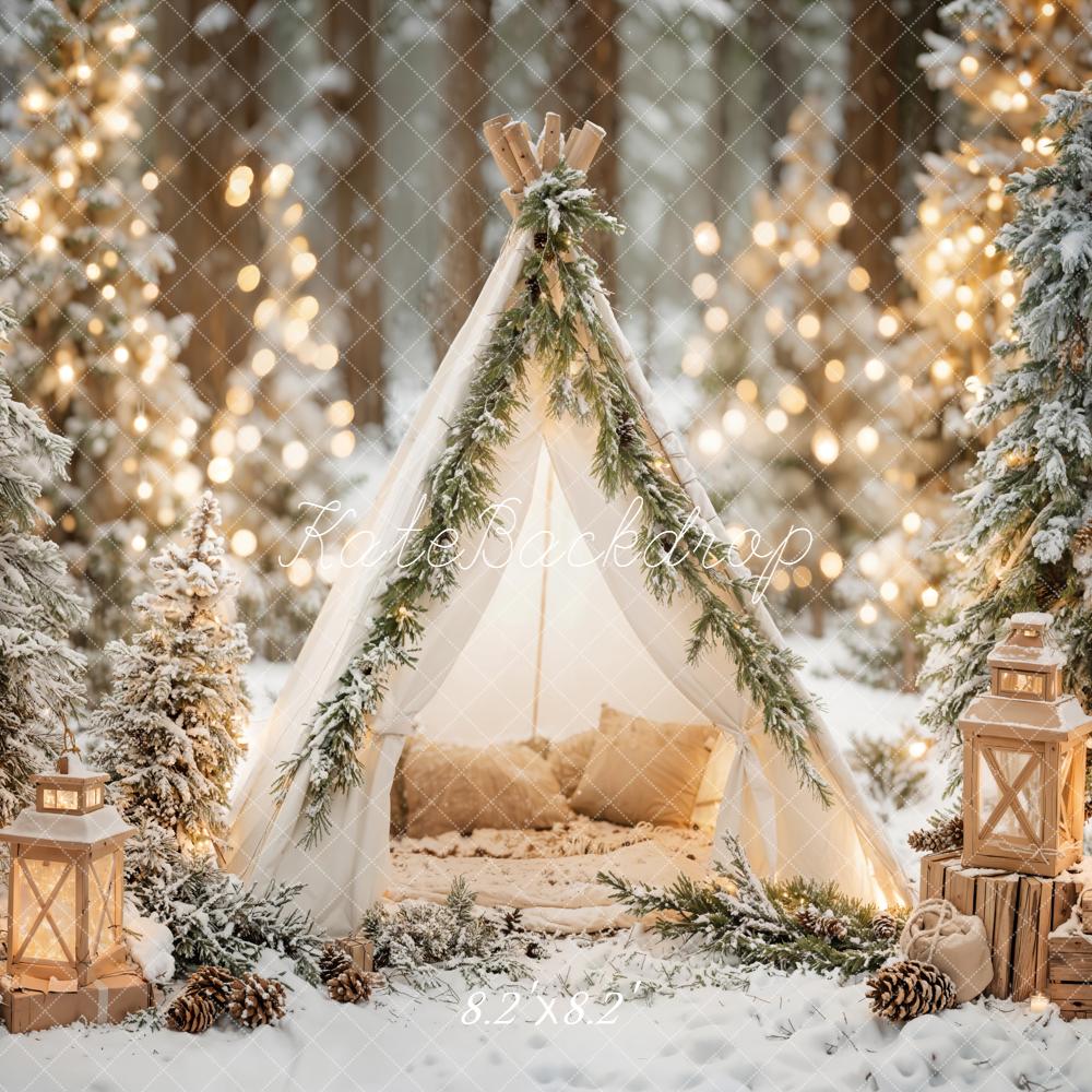 Kate Christmas Snowy Tent Forest Lanterns White Backdrop Designed by Emetselch
