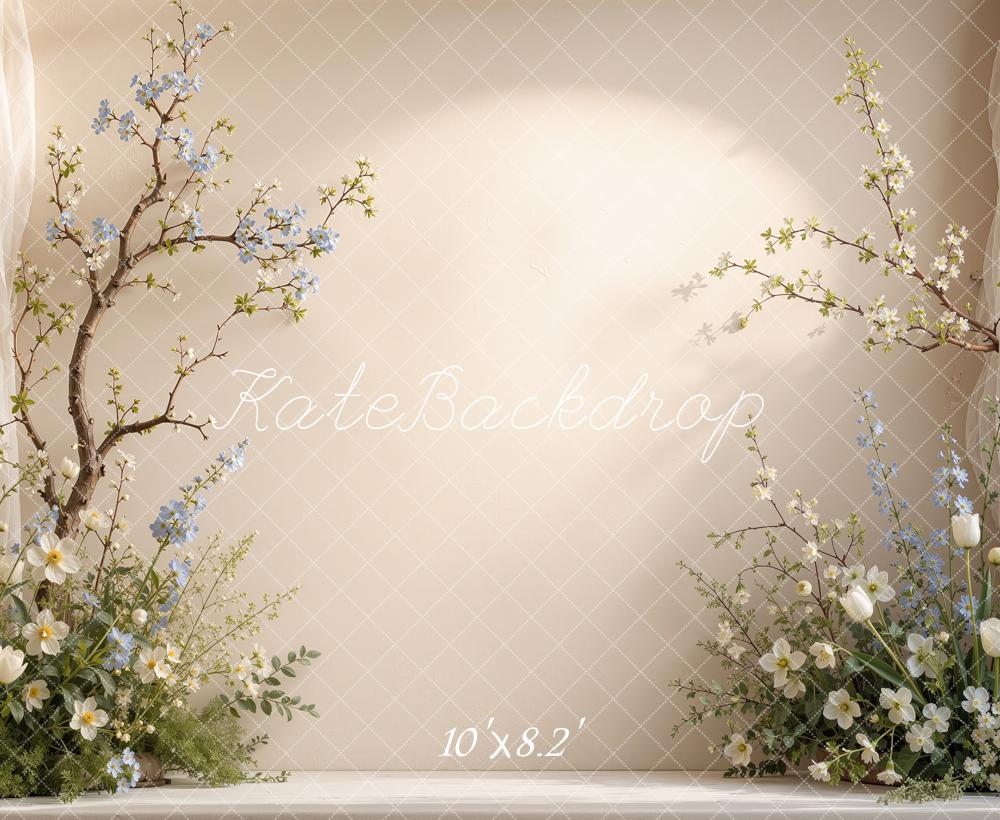 Kate Spring Beige Floral Branches Draped Curtains Printed Backdrop Designed by Shutter Swan Studios
