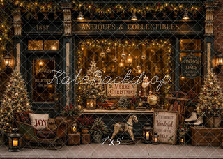Kate Christmas Antique Window Display Storefront Garland Trees Sled Printed Backdrop Designed by Ashley Ward