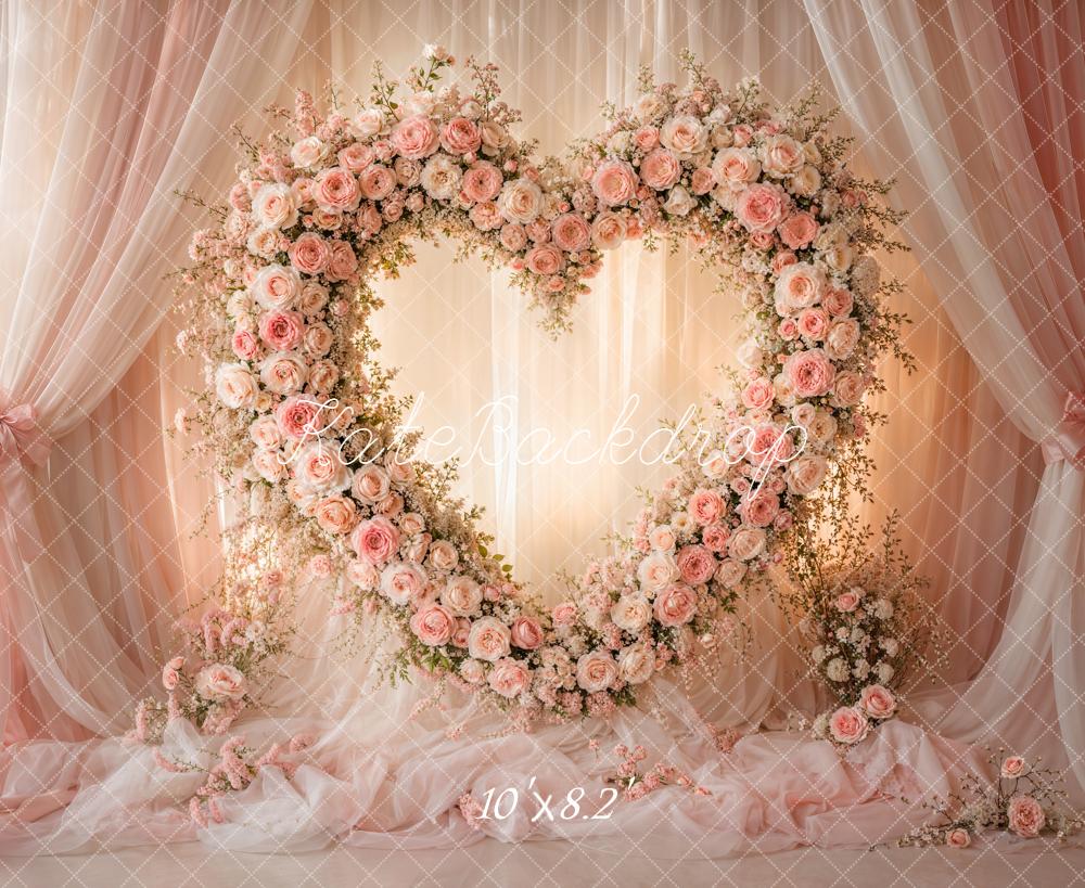 Kate Valentines Heart Flower Wreath Pink Roses Sheer Drapes Printed Backdrop Designed by Emetselch