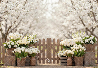 Kate Spring Flowers Baskets Brown Fence Blossoming Trees Printed Backdrop Designed by Mini MakeBelieve