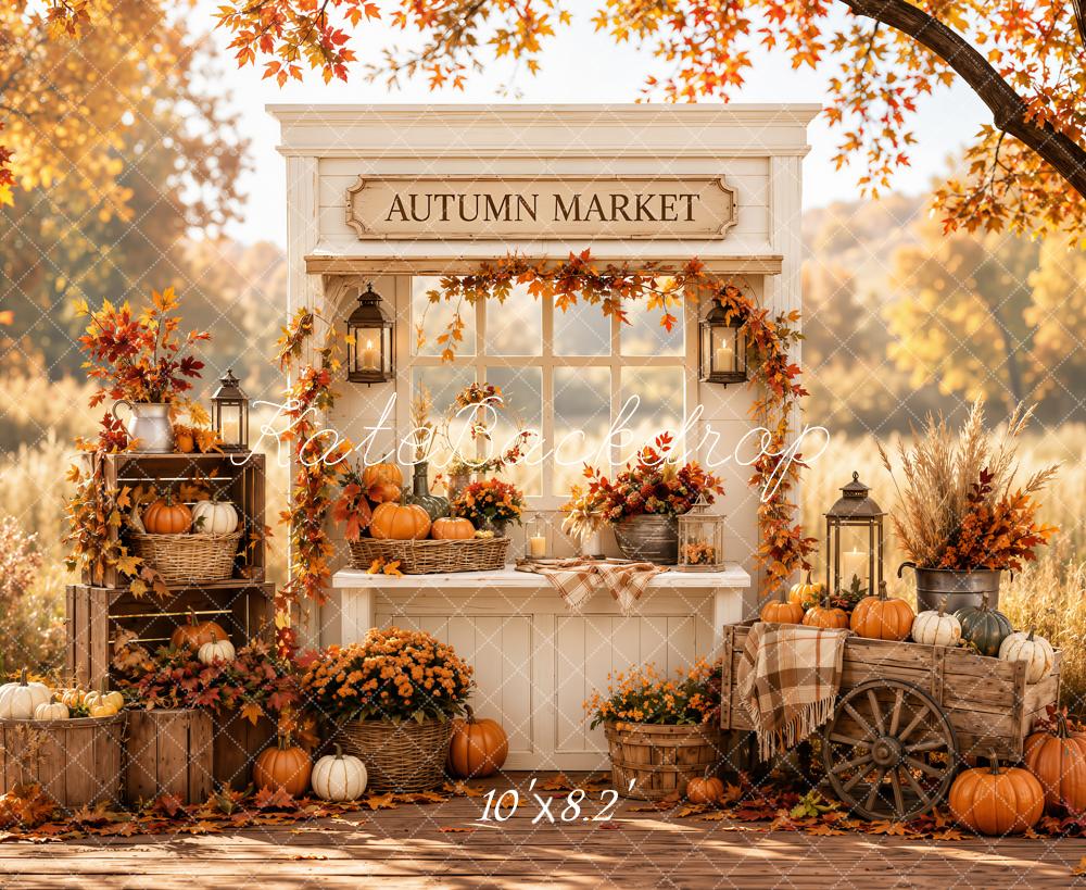 Kate Fall Market Pumpkins Crates Wagon Lanterns Leaves Forest Printed Backdrop Designed by Emetselch