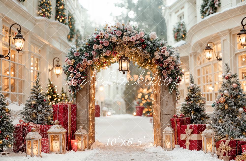 Kate Christmas Flower Arch Snowy Street Lanterns Gift Backdrop Designed by Emetselch