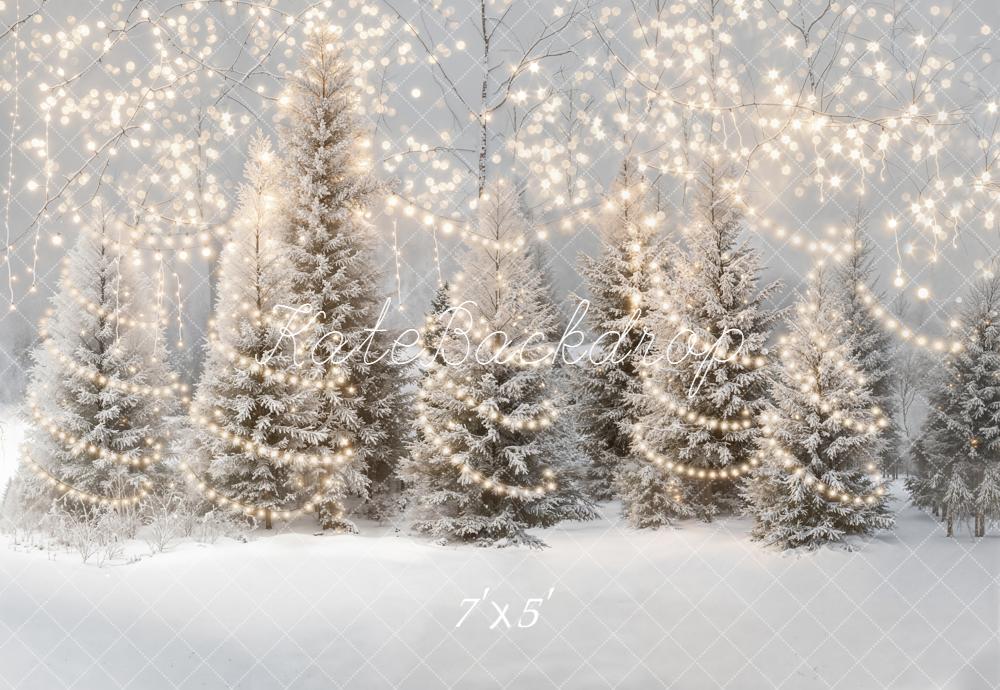 Kate Winter Snowy Pine Trees String Lights Backdrop Designed by Emetselch