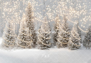 Kate Winter Snowy Pine Trees String Lights Printed Backdrop Designed by Emetselch