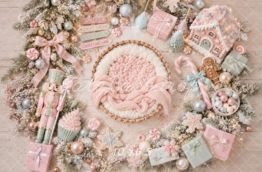 Kate Christmas Newborn Pink Pastel Candy Gingerbread Nutcracker Printed Backdrop Designed by Laura Bybee