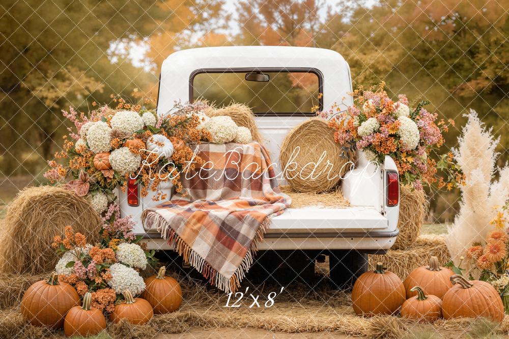 Kate Fall White Truck Pumpkins Hay Bales Flowers Printed Backdrop Designed by Emetselch