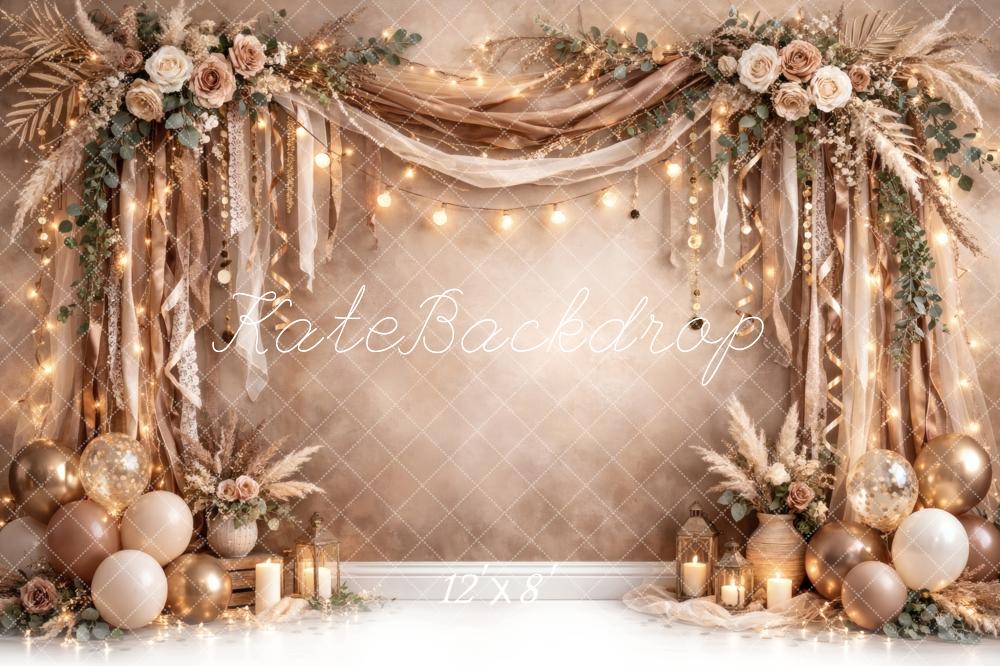 Kate Boho Draped Flower Arch Balloons Champagne Printed Backdrop Designed by Vertigo Productions