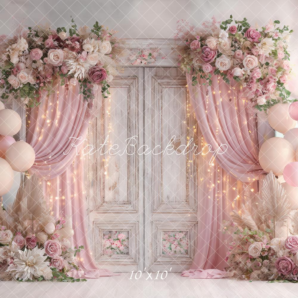 Kate Valentine Flower Balloons Drapes Vintage Doors Pink Backdrop Designed by Ashley Paul