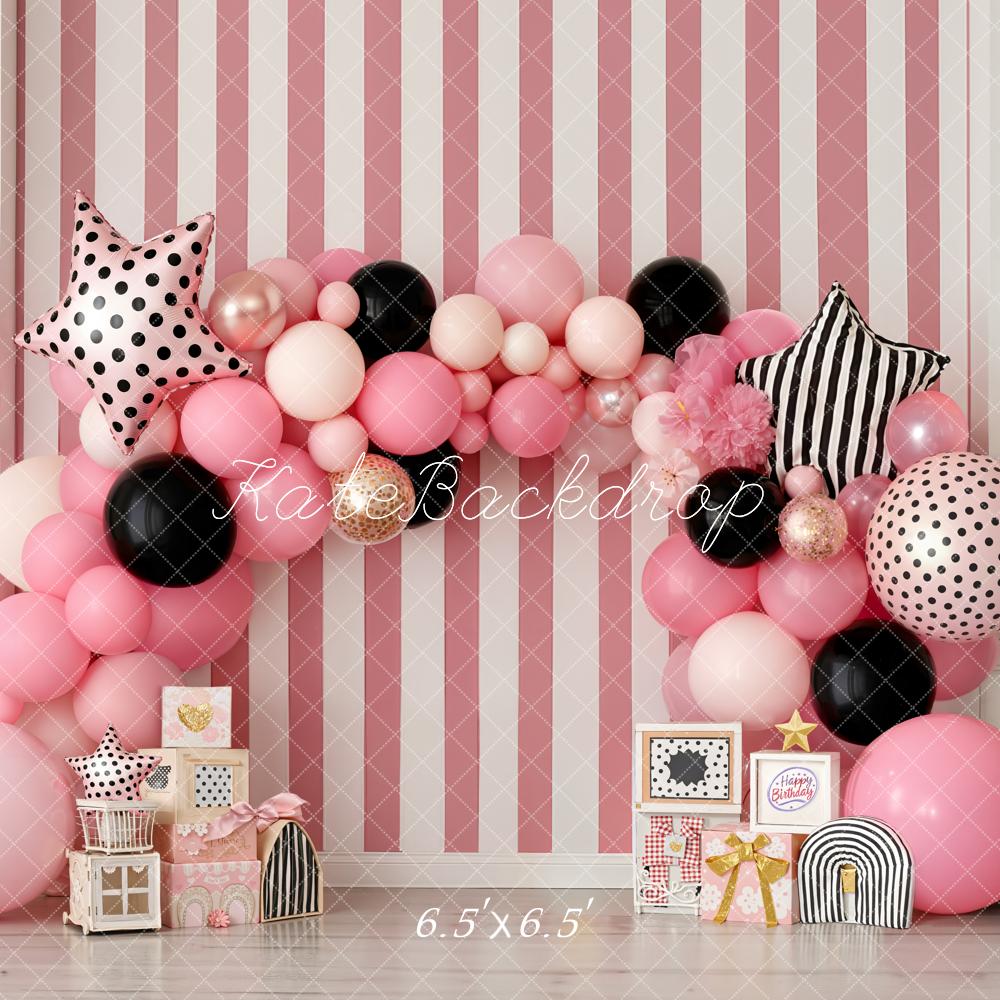 Kate Cake Smash Pink Balloon Arch Striped Wall Backdrop Designed by Emetselch