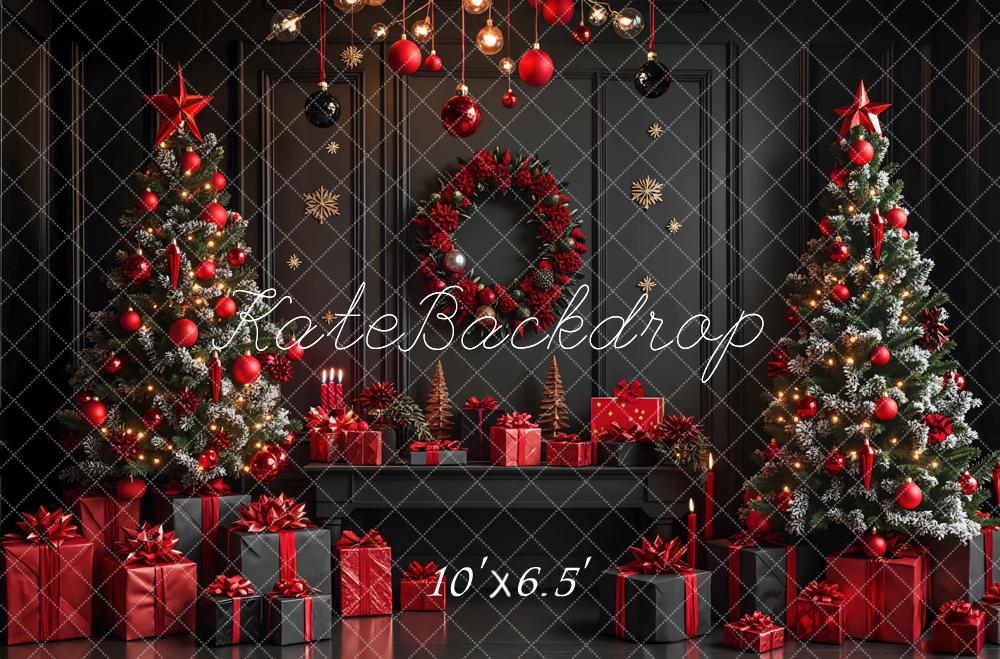 Kate Christmas Trees Black Retro Wall Wreath Gift Boxes Backdrop Designed by Mini MakeBelieve