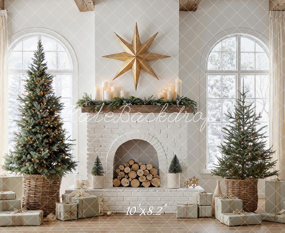 Kate Christmas Rustic White Brick Fireplace Trees Presents Window Printed Backdrop Designed by Emetselch