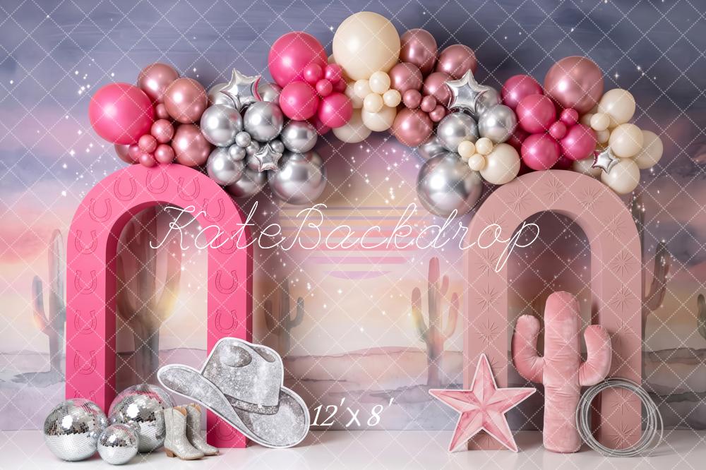 Kate Birthday Pink Western Cowgirl Balloon Arch Printed Backdrop Designed by Patty Roberts
