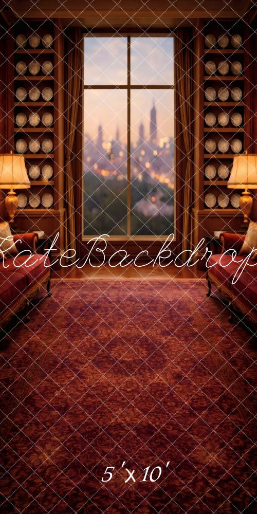 Kate Sweep City View Window Bookcases Lamps Red Sofa Printed Backdrop Designed by Vertigo Productions