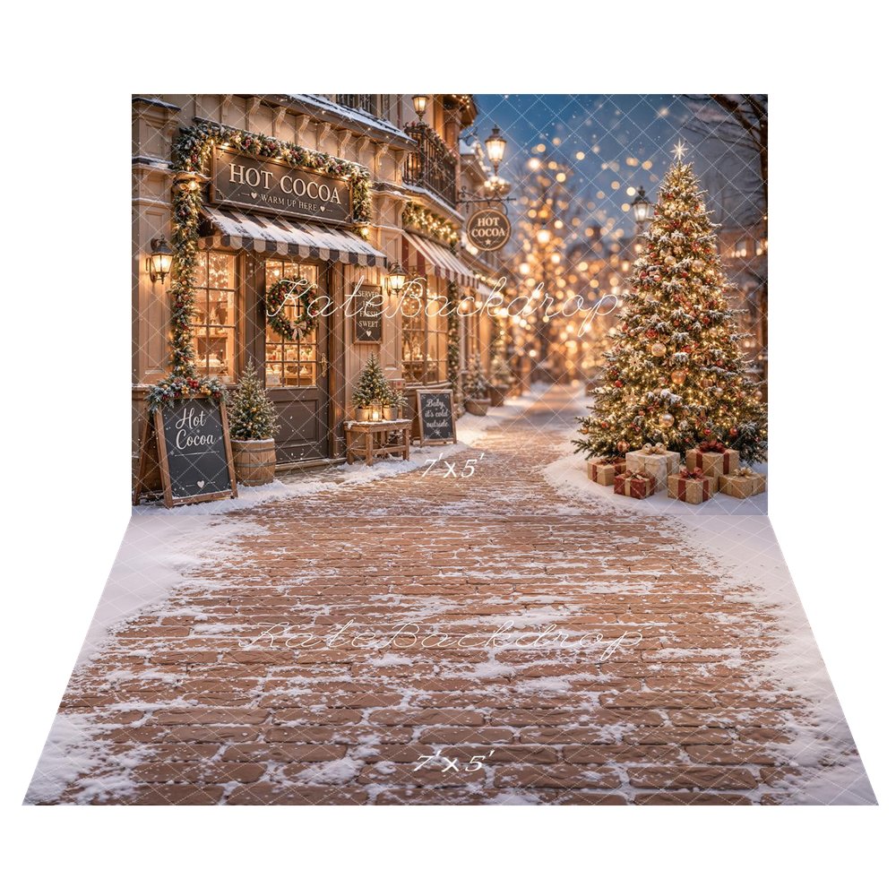 Kate Christmas Hot Cocoa Shop Snowy Street Christmas Tree Printed Backdrop+Snowy Brown Brick Floor Printed Backdrop