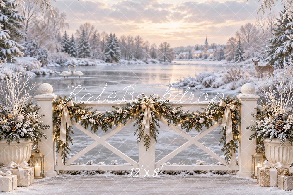 Kate Christmas Winter Snowy Lake Bridge Garland Swans Printed Backdrop Designed by Vertigo Productions