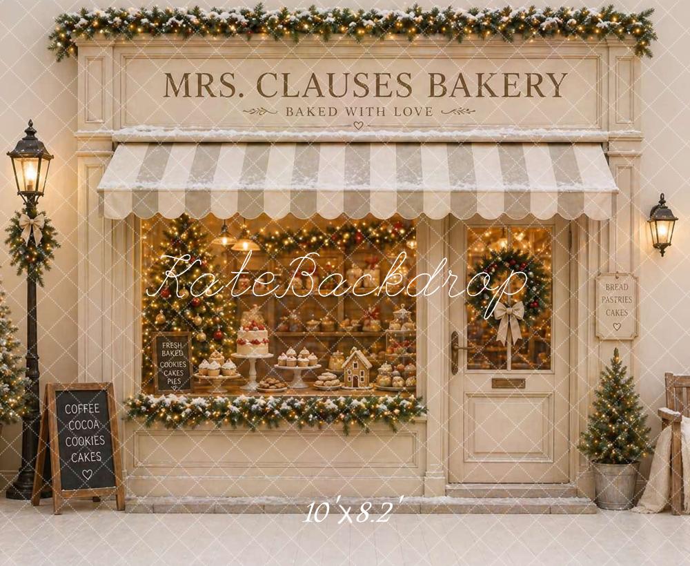 Kate Christmas Beige Bakery Storefront Printed Backdrop Designed by Caitlin Lynch
