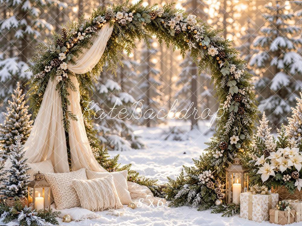 Kate Christmas Winter Circle Flower Arch Drapes Snowy Forest Printed Backdrop Designed by Emetselch