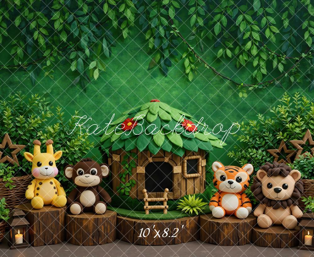 Kate Jungle Animals Hut Tree Stumps Greenery Printed Backdrop Designed by Mini MakeBelieve