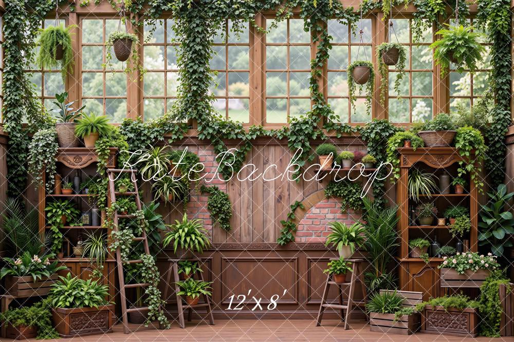 Kate Spring Greenhouse Garden Windows Brick Arch Cabinet Plants Printed Backdrop Designed by Mini MakeBelieve