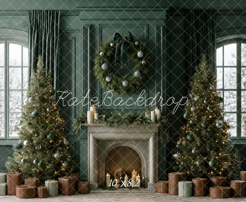 Kate Christmas Green Fireplace Wreath Christmas Trees Gifts Window Printed Backdrop Designed by Emetselch