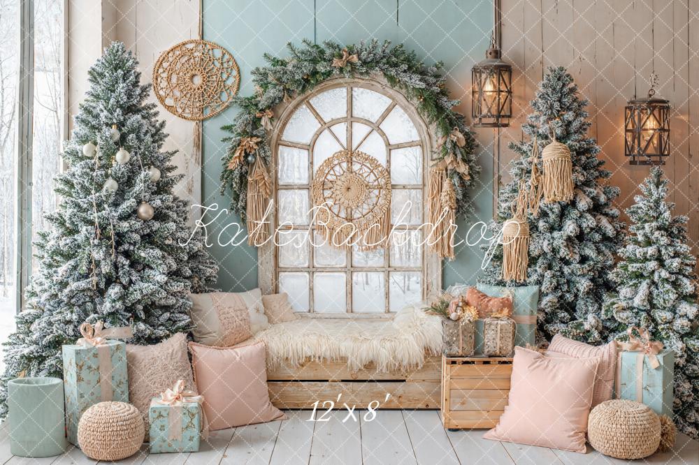 Kate Christmas Boho Arched Window Snowy Trees Pastel Backdrop Designed by Emetselch